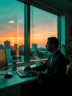Office worker at sunset window