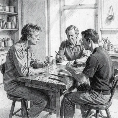 Charcoal sketch of a critique session around a workbench, painterly graphite sha