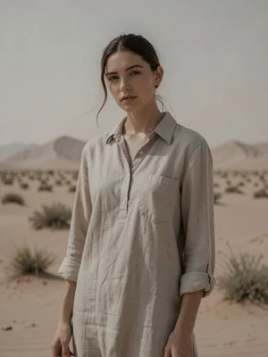 Model in neutral linen against desert