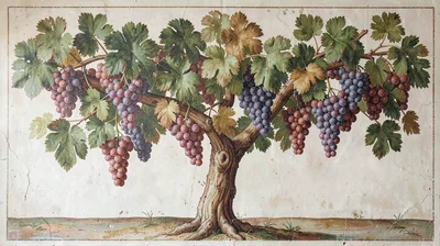 Fresco-style illustration, grape vines heavy with fruit , painted into wet plast