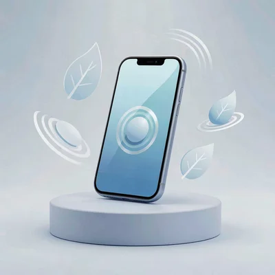 Flat UI hero of a phone tilted three-quarter on a soft pedestal, abstract leaf a