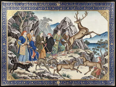 Hunting party among rocky outcrops with hounds and a leaping stag