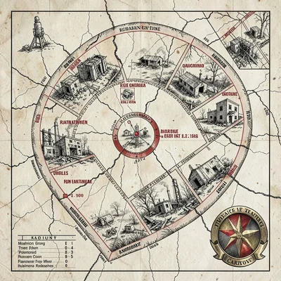 A post-apocalyptic radioactive-zone exclusion map with quarantine perimeters, ge