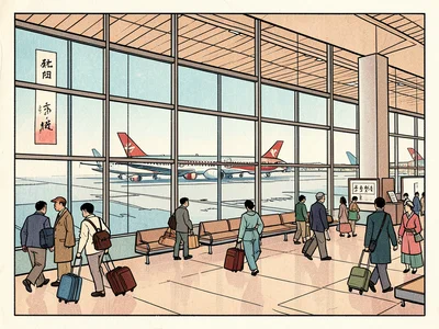 An airport departure hall, the great window showing planes on the tarmac, travel