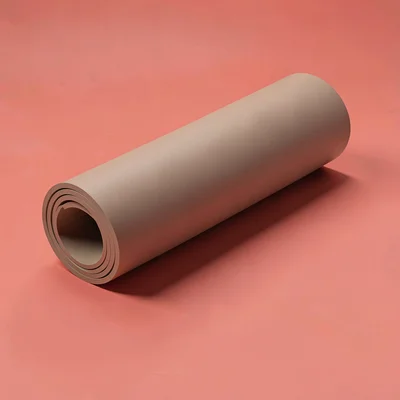 Sharp catalog hero of a single sage yoga mat rolled on a saturated coral backdro