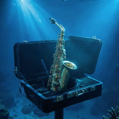 Deep oceanic blue saturation, light filtering through density, A saxophone on a 
