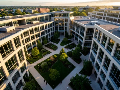 Aerial view of a campus-style tech office with courtyards and greenery between b