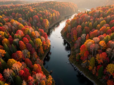 Aerial view of a winding river through dense autumn forest, reds and golds from 