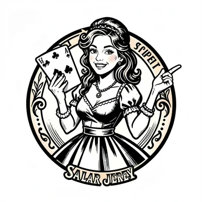 Traditional tattoo flash illustration, Lady luck with playing cards , bold black