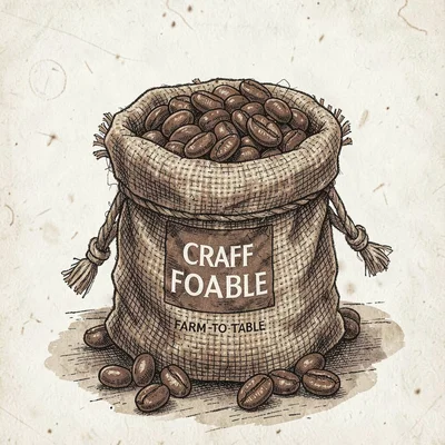 Artisan food packaging illustration, Coffee beans in burlap sack , farm-to-table