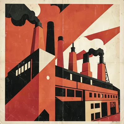 Soviet constructivist poster illustration, a factory in heroic angular perspecti