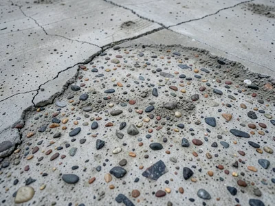Exposed aggregate concrete, pebbles and stones showing through eroded cement sur