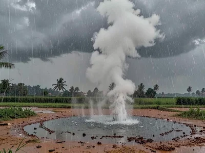 Steam rising as rain hits hot ground