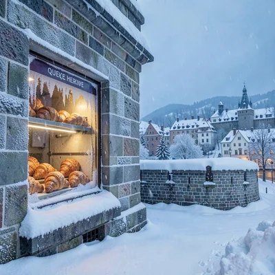 Quebec winter heritage, walled city under snow, Fresh croissants in a bakery win