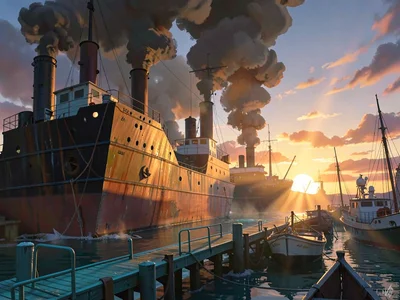 Sooty harbor at sundown with sun shaft through coal smoke, warm orange on iron h