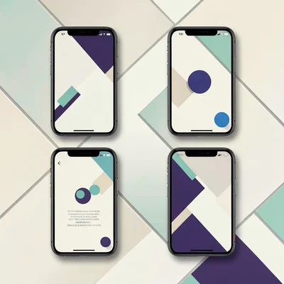 Screenshot grid of four phones forming a diamond, abstract podcast UI, soft drop