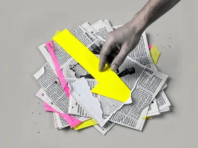 A torn halftone hand reaches up out of a stack of overlapping torn newspaper rec
