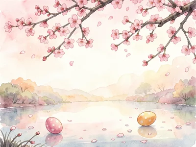 Cherry blossom branches hanging over a still pond where painted Easter eggs floa