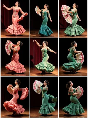 Flamenco dancer, dress fanning through six positions, hands clapping cascade