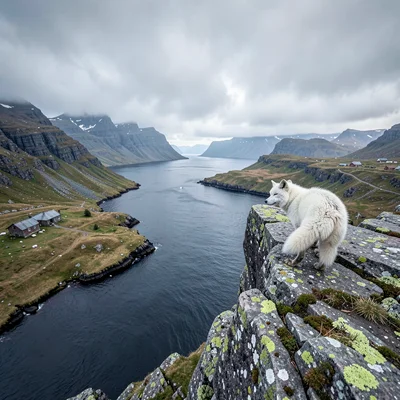 Icelandic isolation, Westfjords remoteness, Arctic fox at cliff edge, white fur 