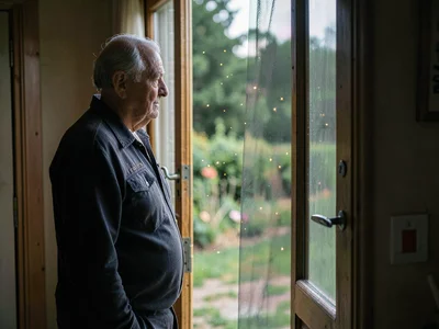 Elderly man standing in a screen door, summer evening, looking out at fireflies,