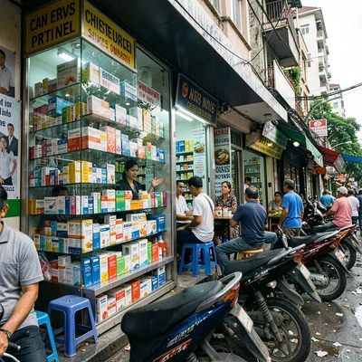 Documentary photograph of megacity life, dense urban scene, A pharmacy window di