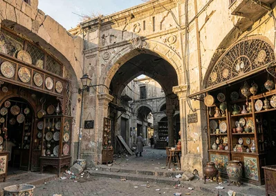 Mediterranean hard light on Beirut's wounded elegance, renovated souq archway wi
