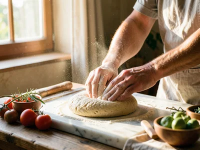 Hands kneading sourdough dough on marble counter, morning light through window, 