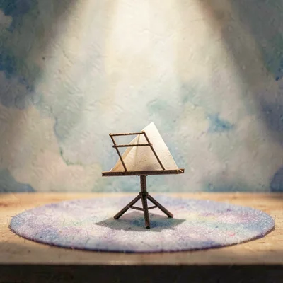 Tiny papercraft music stand with a folded paper sheet, miniature, set on a felt