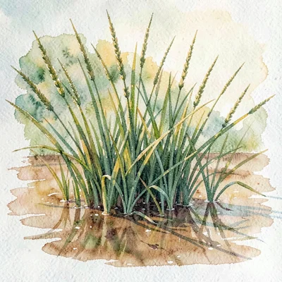 A painterly low cluster of horsetail rushes stands in shallow brown water with w