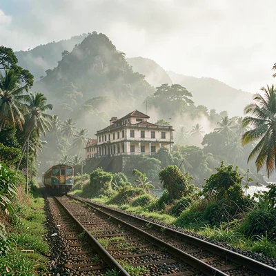 Tropical light on Sri Lankan colonial decay, End of the line station in hill cou