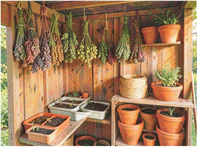 A garden shed interior with hanging dried herbs, seed trays, twine, and terracot