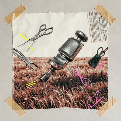 Layered halftone collage of barber tools floating across a rust-and-cream field,