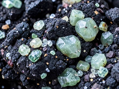 Olivine crystals embedded in dark basalt matrix