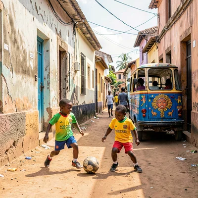 Resilient color in Port-au-Prince, Haiti, Children playing soccer in alley, brig
