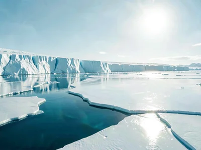 Wind-polished sea ice glistens in flat sheets, surface so smooth it returns the 