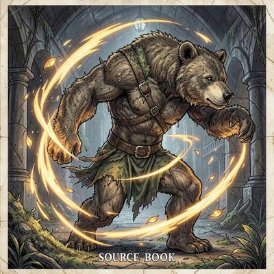 RPG sourcebook illustration, a druid in wild shape transforming into a bear, lea