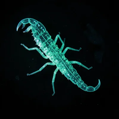 A scorpion molted exoskeleton glowing neon teal under UV, its translucent form p