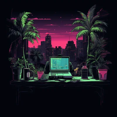 Black T-shirt print WFH setup viewed higher angle dis