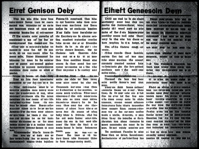 Newspaper article photocopied eight generations deep, halftone dots bloomed into