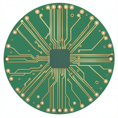 A circular PCB designed around a central chip — traces radiating outward like sp