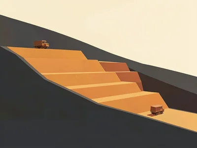 Open-pit copper mine carves stepped ochre tiers into a charcoal hillside under a