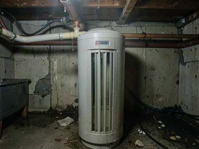 Basement dehumidifier tank full, collected moisture visible as liquid