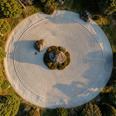 A Japanese zen garden from above, raked gravel patterns creating concentric circ