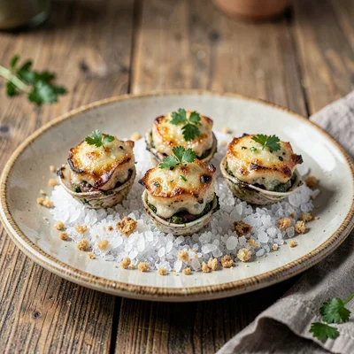 Hand-thrown ceramic plate of three savoury baked oysters Rockefeller on a bed of