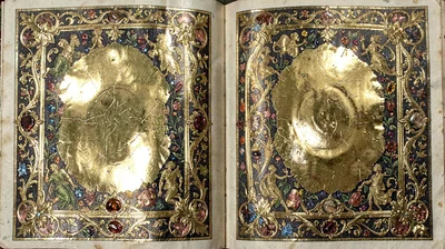 Gold leaf illuminated illustration, book of hours , burnished gold leaf areas, i