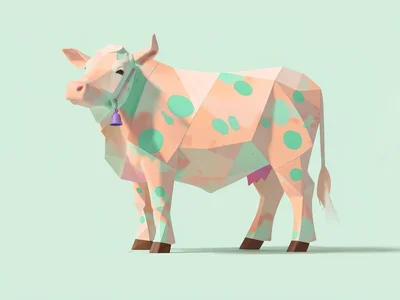 Dappled peach lowpoly cow with mint spot facets and a tiny lavender bell at the