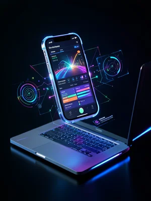 Smartphone displaying a colorful data dashboard held above a laptop