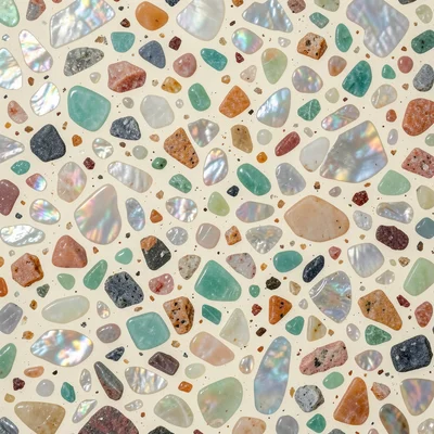 Tropical terrazzo: coral fragments, jade chips, and mother-of-pearl in cream mat