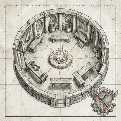 A Norse warrior-hall map with the great-hall hearth, drinking benches, weapon ra